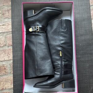Vince Camuto Black Leather extra wide calf  Riding Boots with Gold Buckle.
